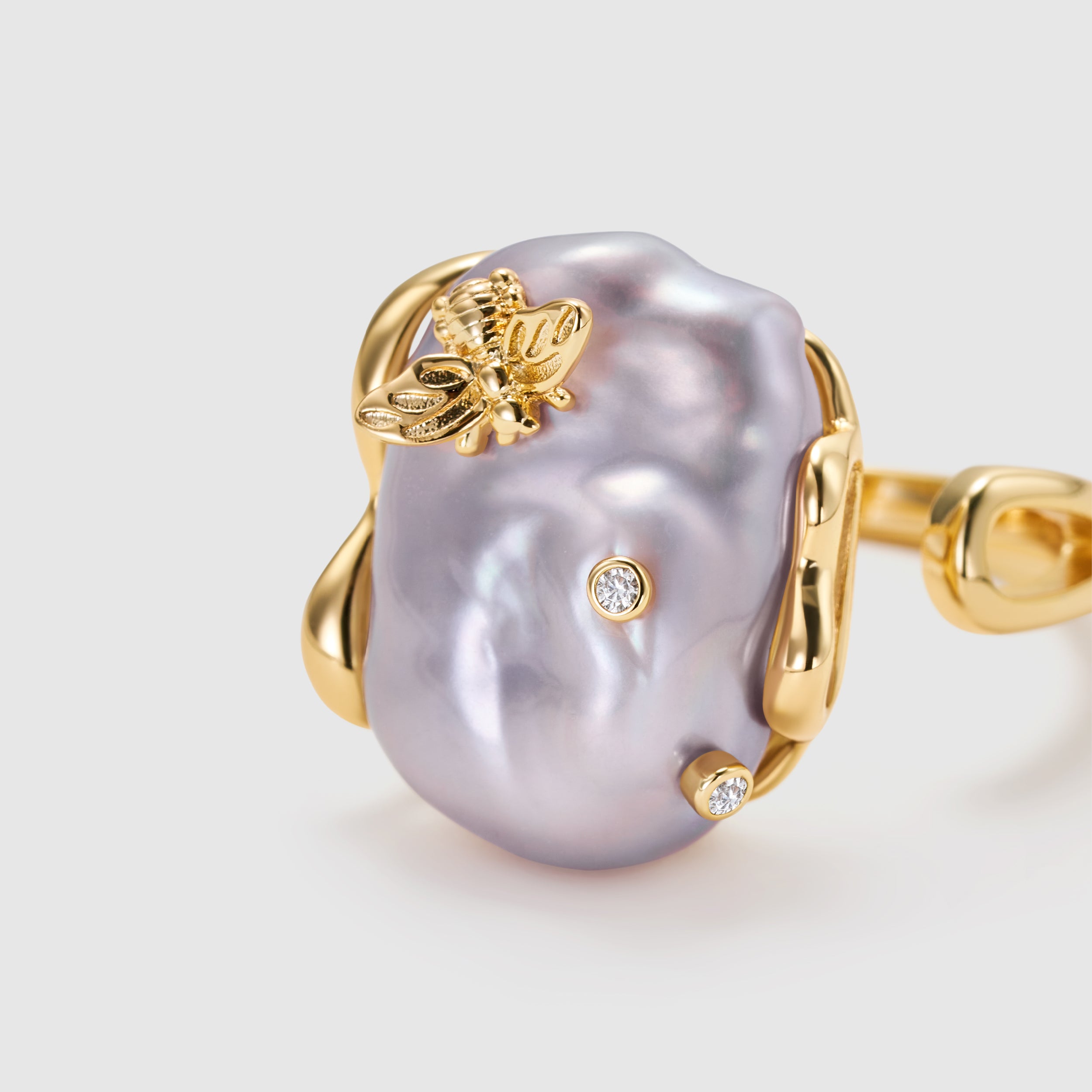 White Baroque Pearl Bee Open Ring