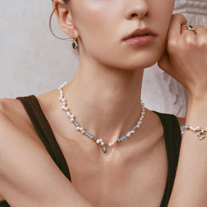 Raw Blue Topaz Pearl Necklace