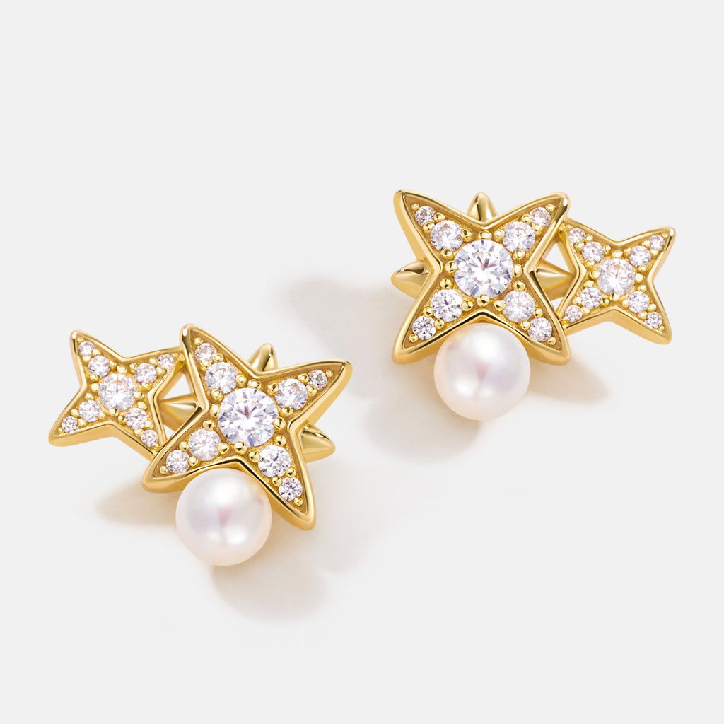 Celestial Double Star Pearl Stud Earrings