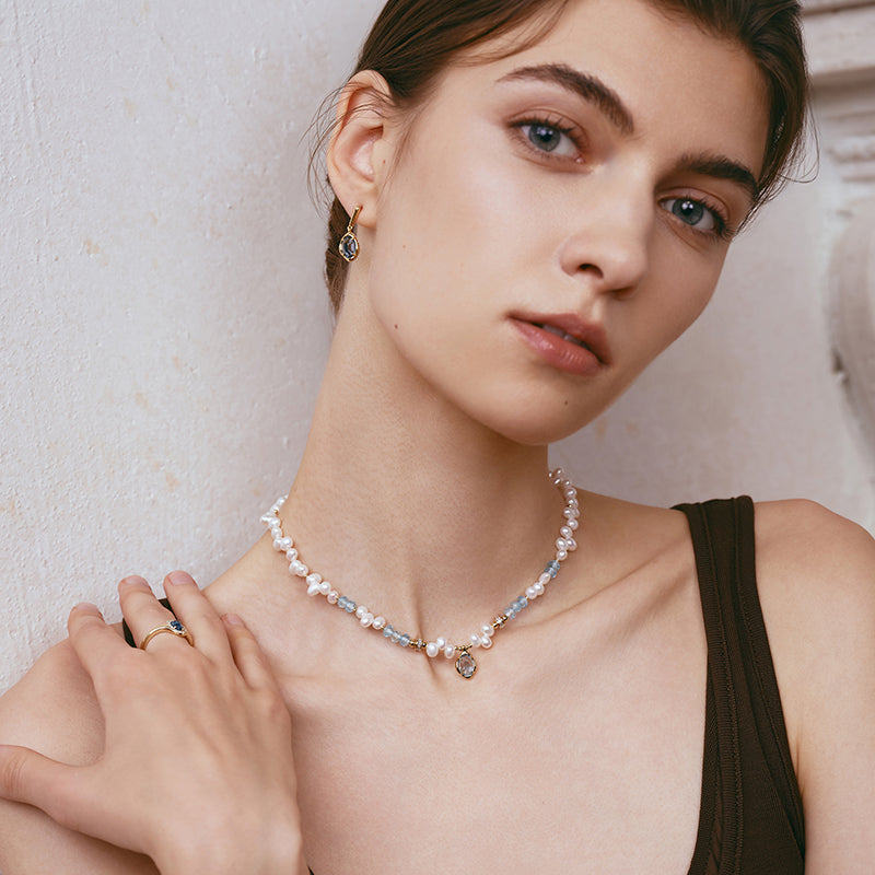 Raw Blue Topaz Pearl Necklace