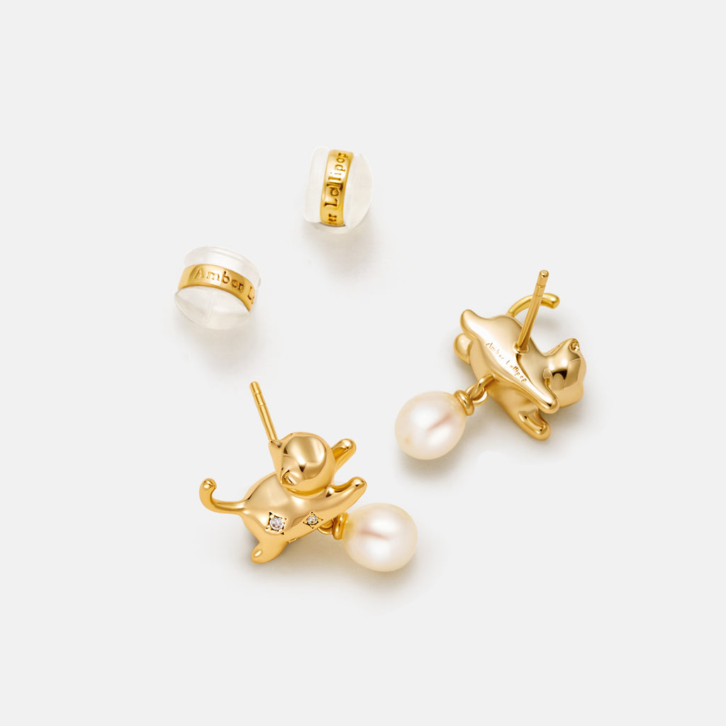 Playful Cat Pearl Earrings