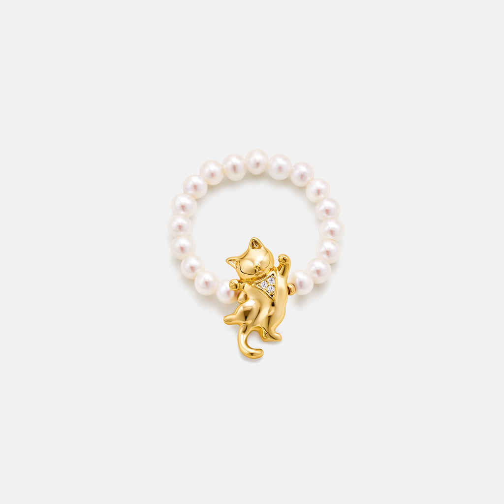 Dancing Cat Pearl Beaded Ring