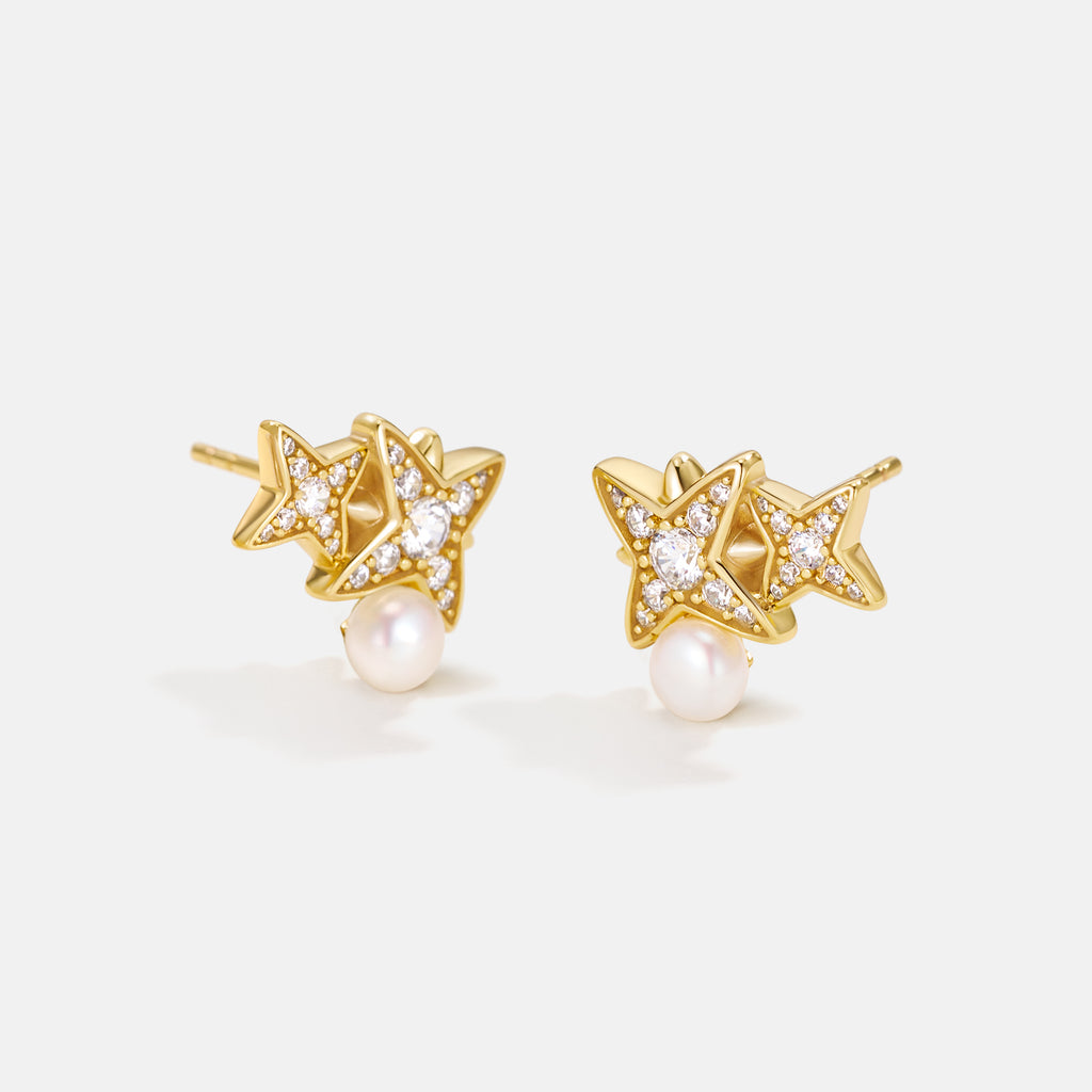 Celestial Double Star Pearl Stud Earrings