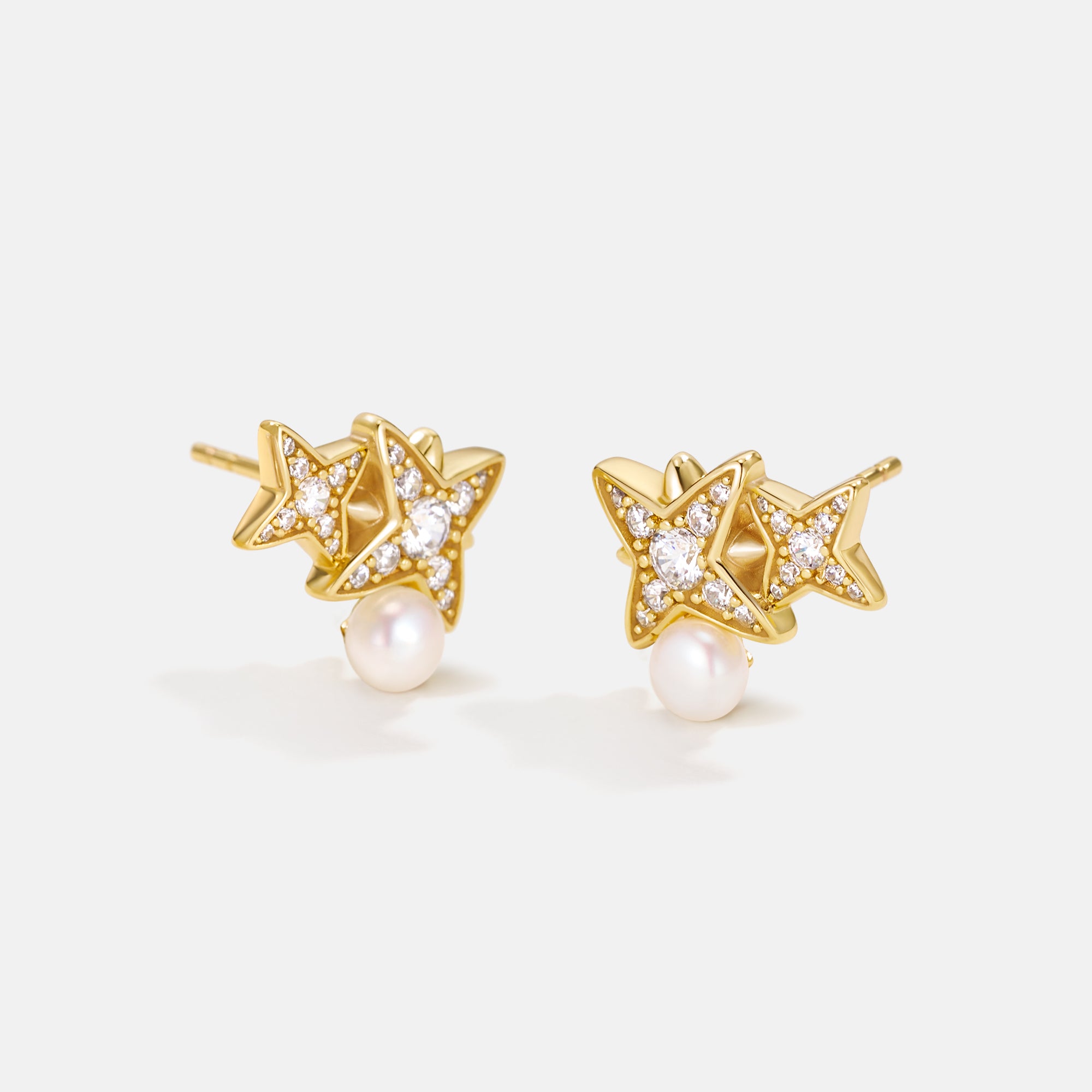 Celestial Double Star Pearl Stud Earrings