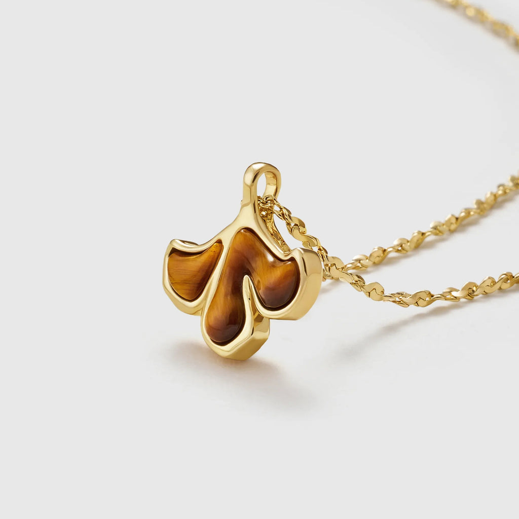 Gold Ginkgo Leaves Tiger's Eye Necklace
