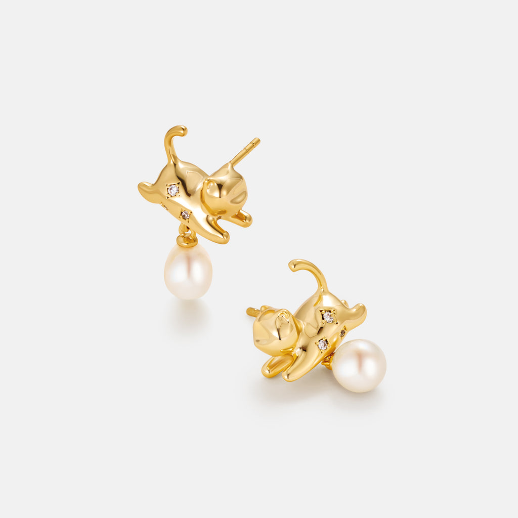 Playful Cat Pearl Earrings