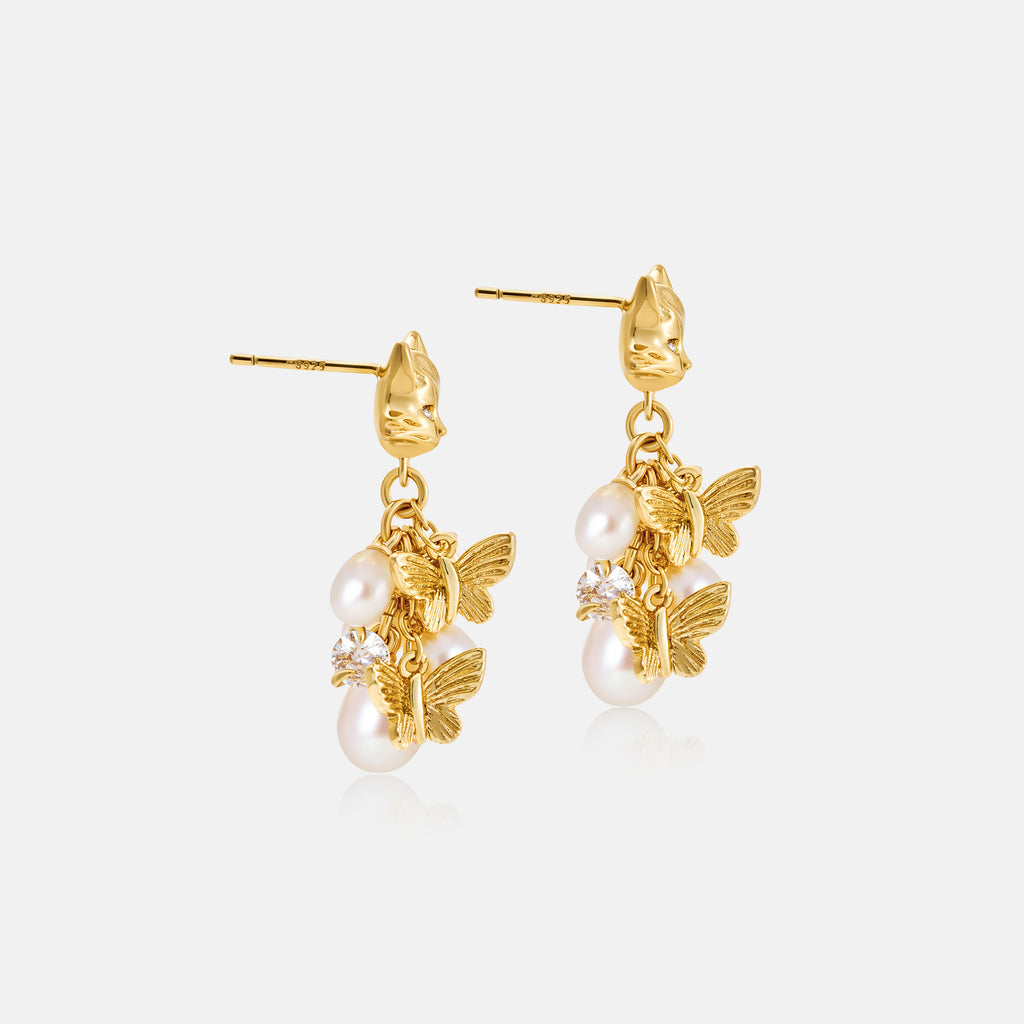 Cat Butterfly Pearl Earrings