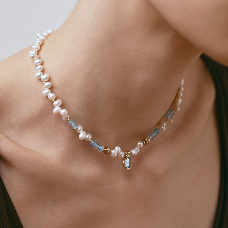 Raw Blue Topaz Pearl Necklace
