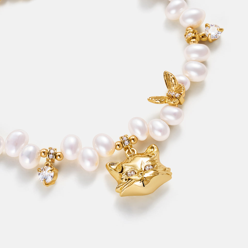 Personalized Cat Butterfly Pearl Bracelet