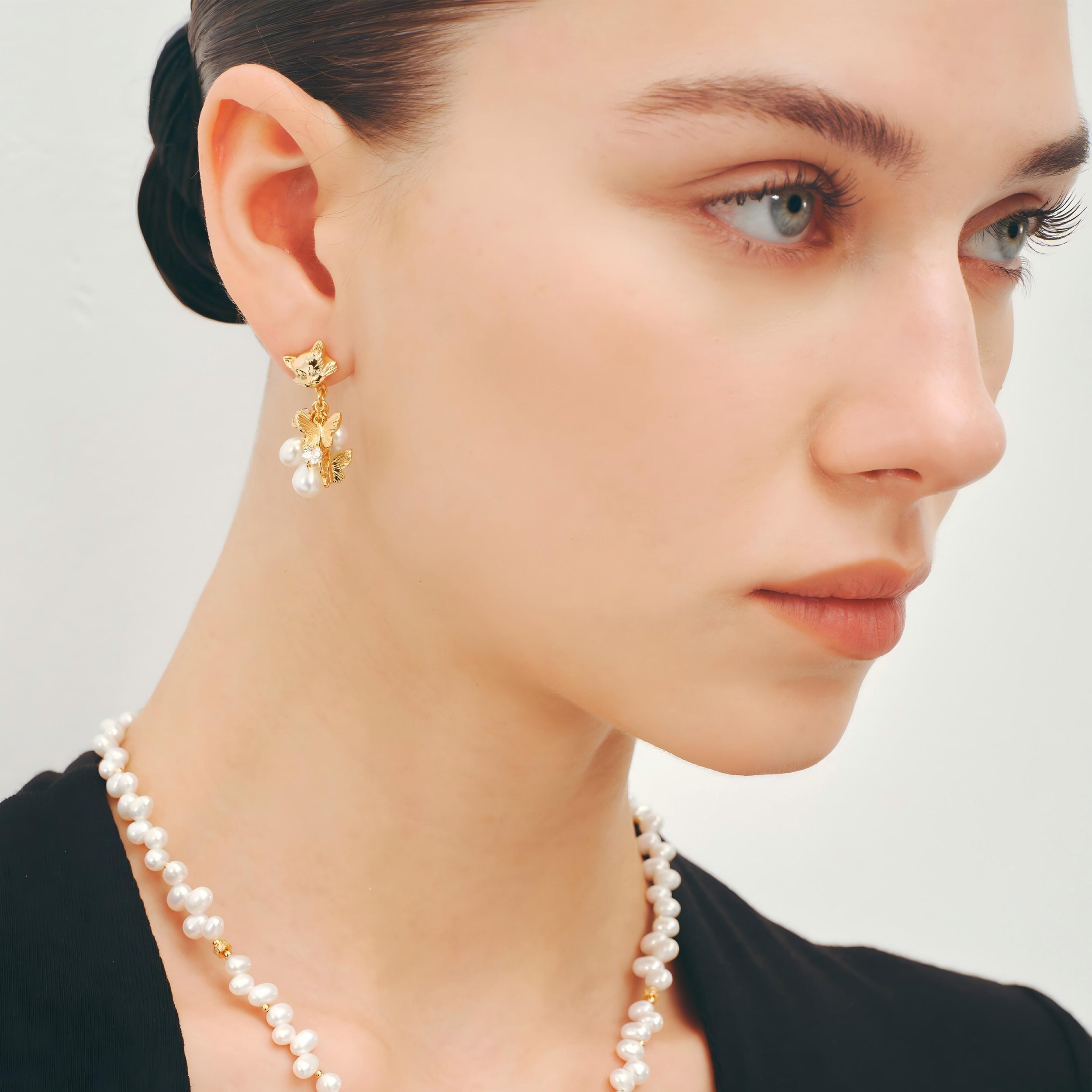 Cat Butterfly Pearl Earrings