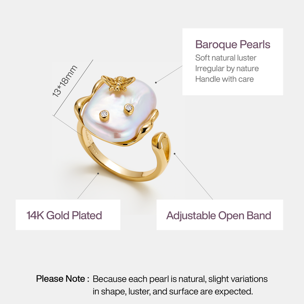 White Baroque Pearl Bee Open Ring