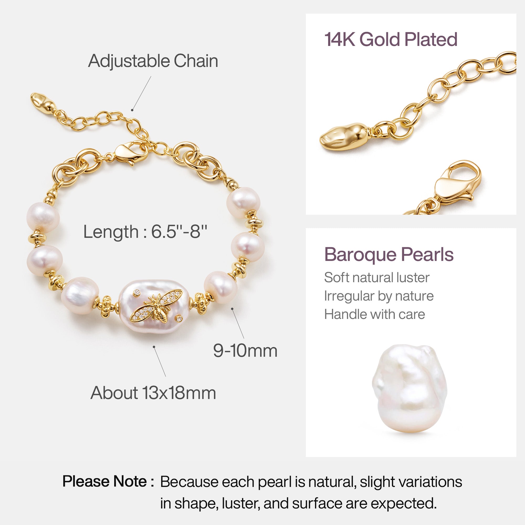 White Baroque Pearl Bee Bracelet