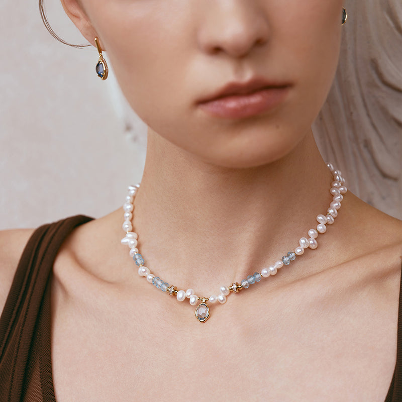 Raw Blue Topaz Pearl Necklace