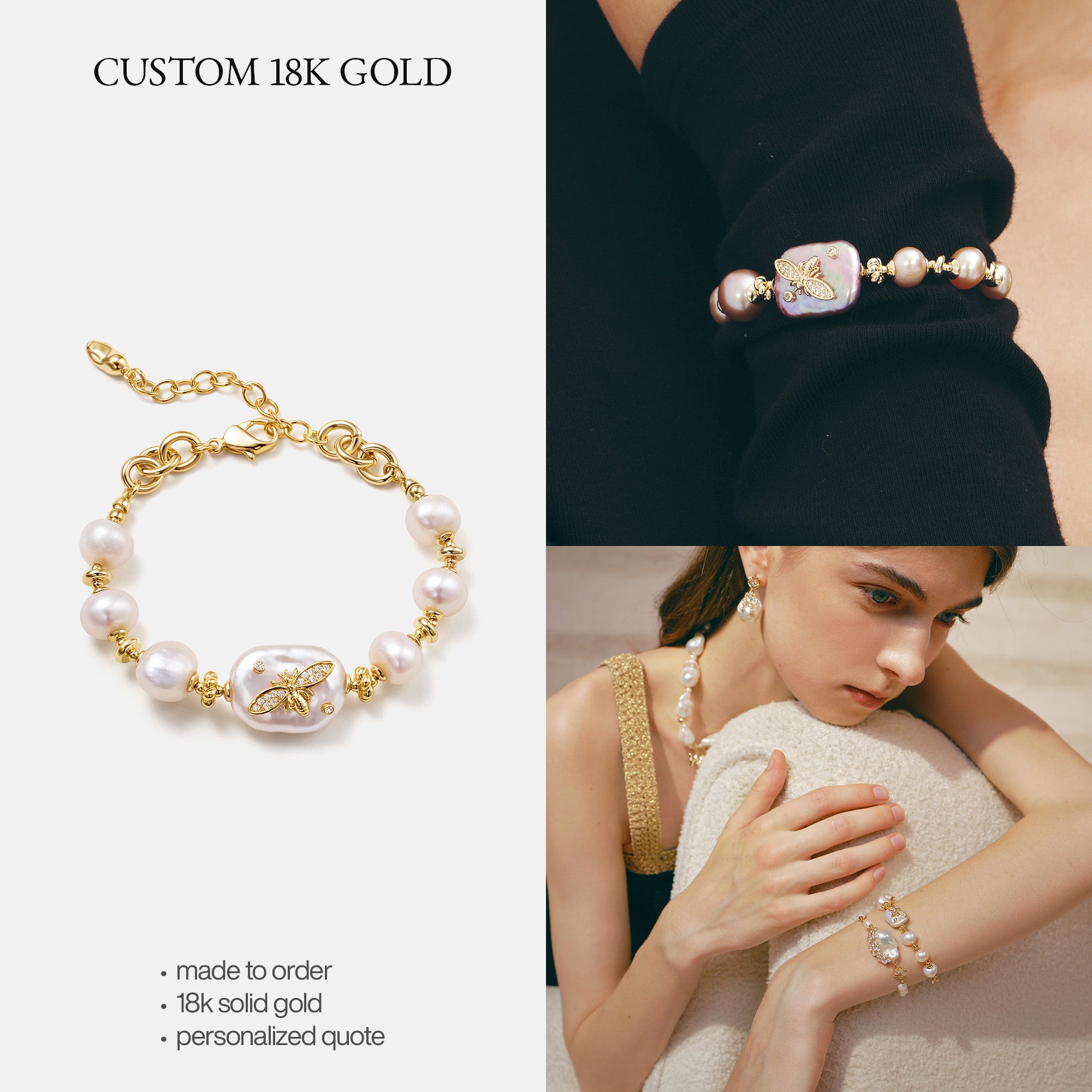 Custom 18K Solid Gold Pearl Jewelry