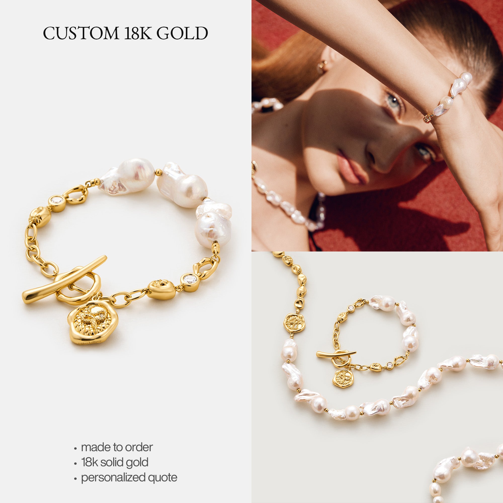 Custom 18K Solid Gold Pearl Jewelry