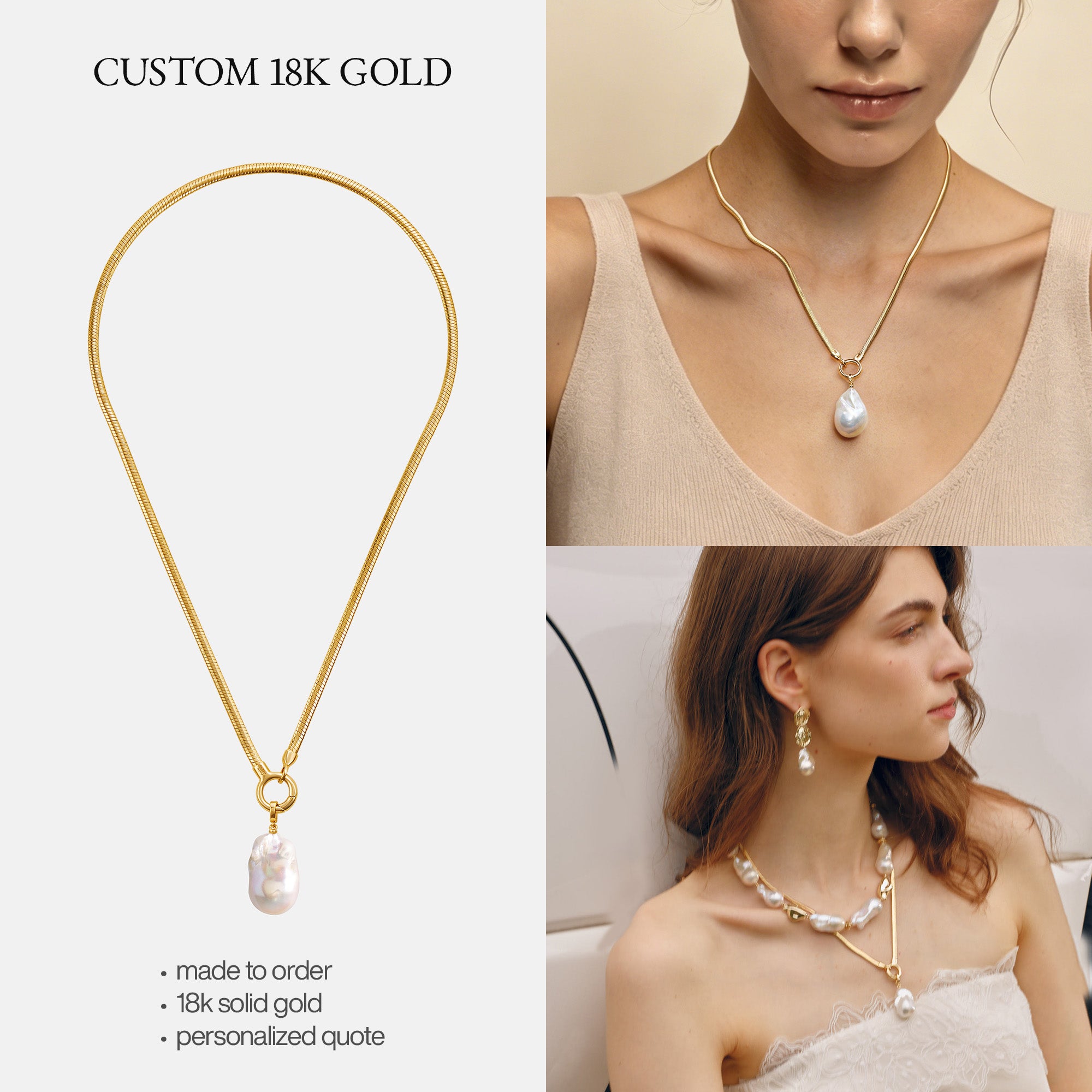 Custom 18K Solid Gold Pearl Jewelry