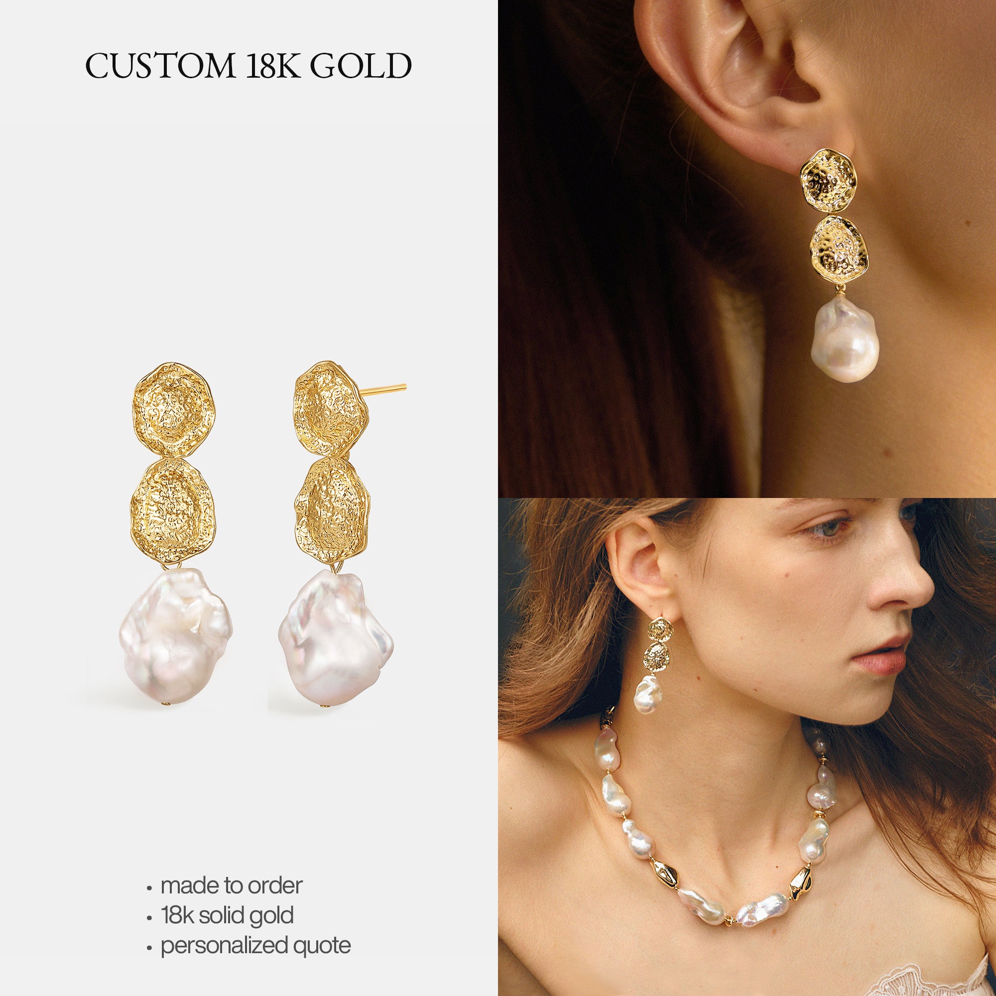 Custom 18K Solid Gold Pearl Jewelry