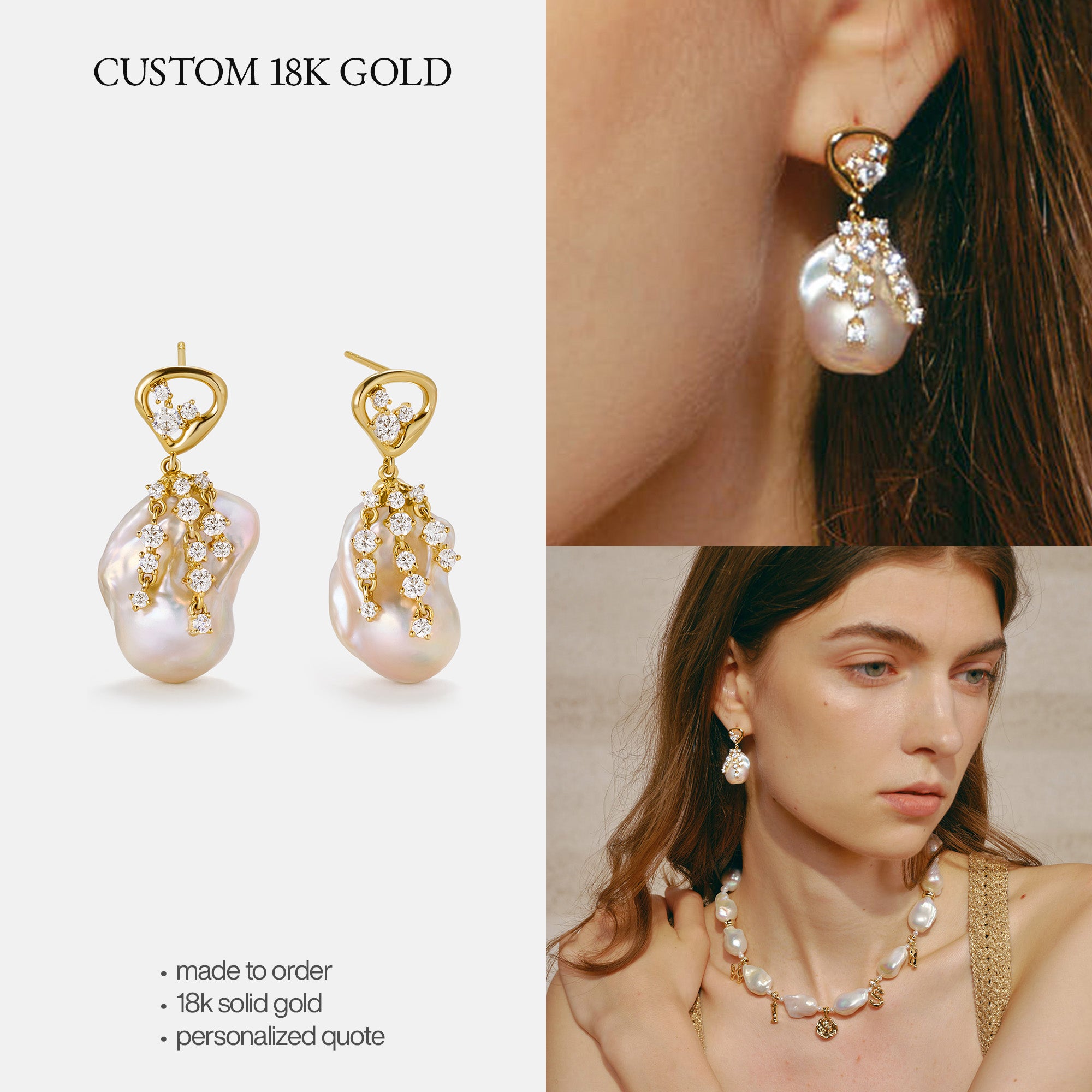 Custom 18K Solid Gold Pearl Jewelry