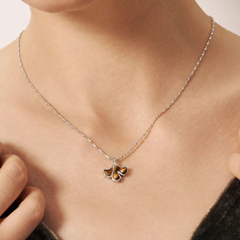 Silver Ginkgo Leaves Tiger's Eye Necklace
