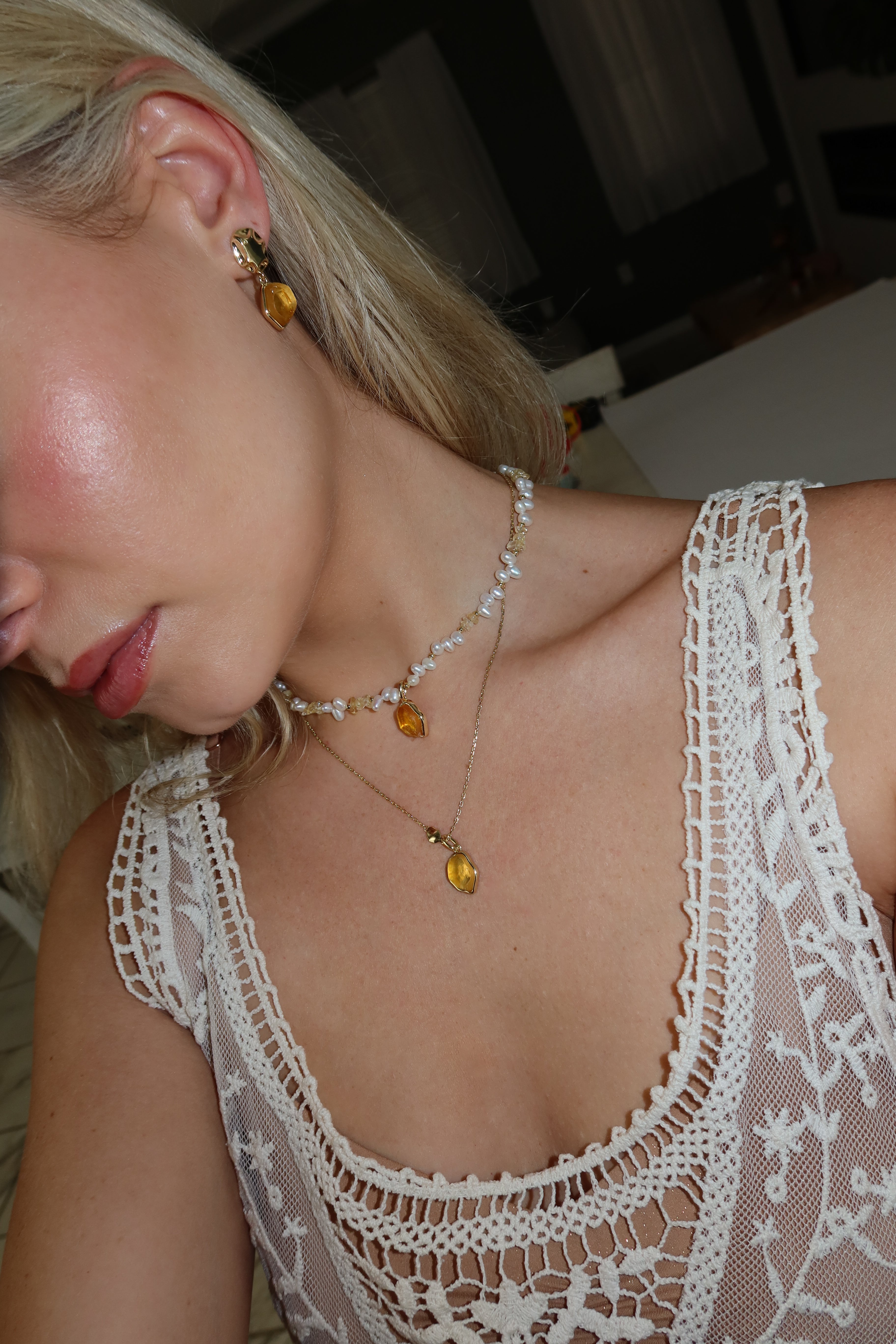 Raw Citrine Pearl Necklace