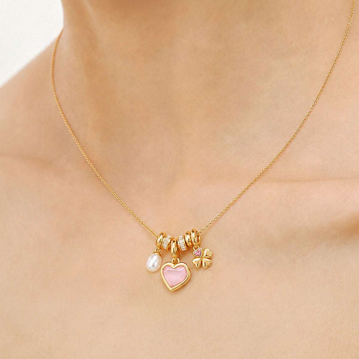 Blush Heart Pearl Charm Necklace AmberLollipop