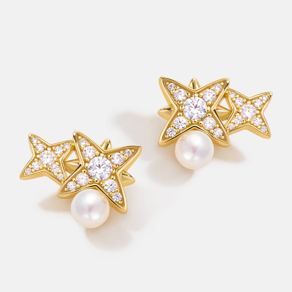 Celestial Double Star Pearl Stud Earrings AmberLollipop