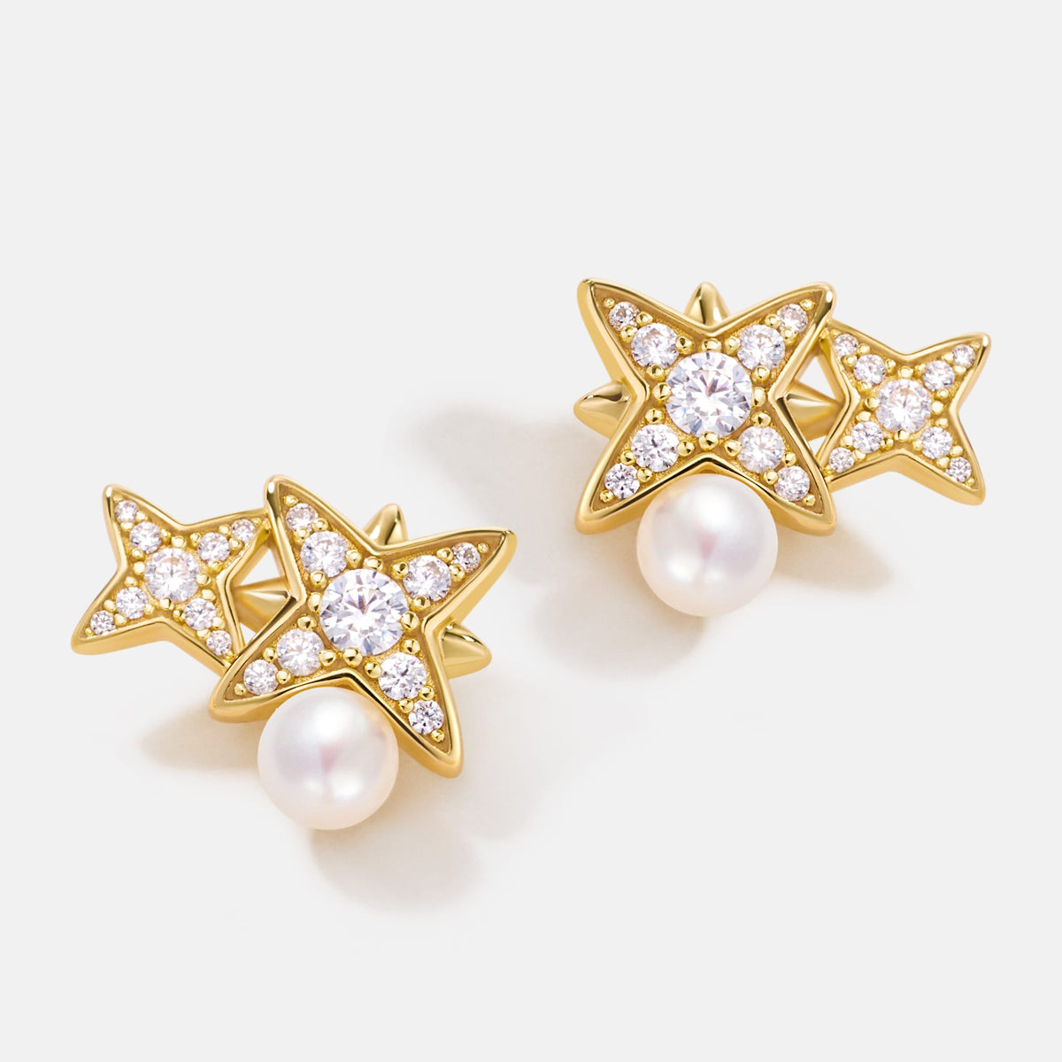 Celestial Double Star Pearl Stud Earrings AmberLollipop