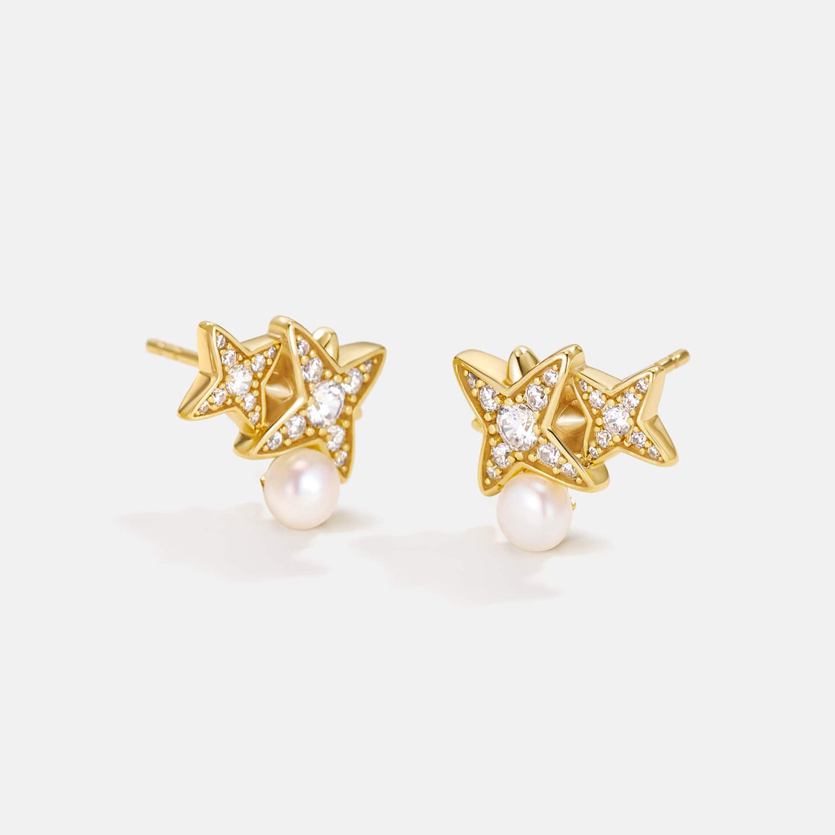 Celestial Double Star Pearl Stud Earrings AmberLollipop