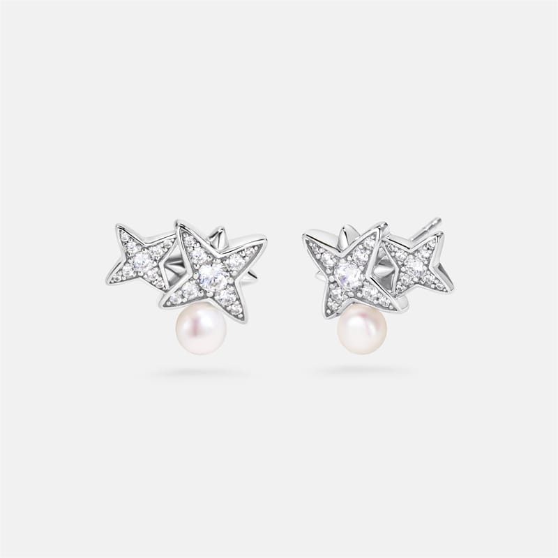 Celestial Double Star Pearl Stud Earrings AmberLollipop