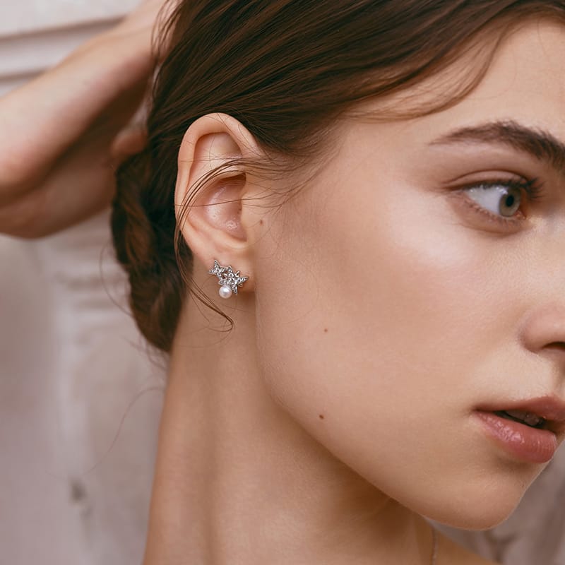 Celestial Double Star Pearl Stud Earrings AmberLollipop