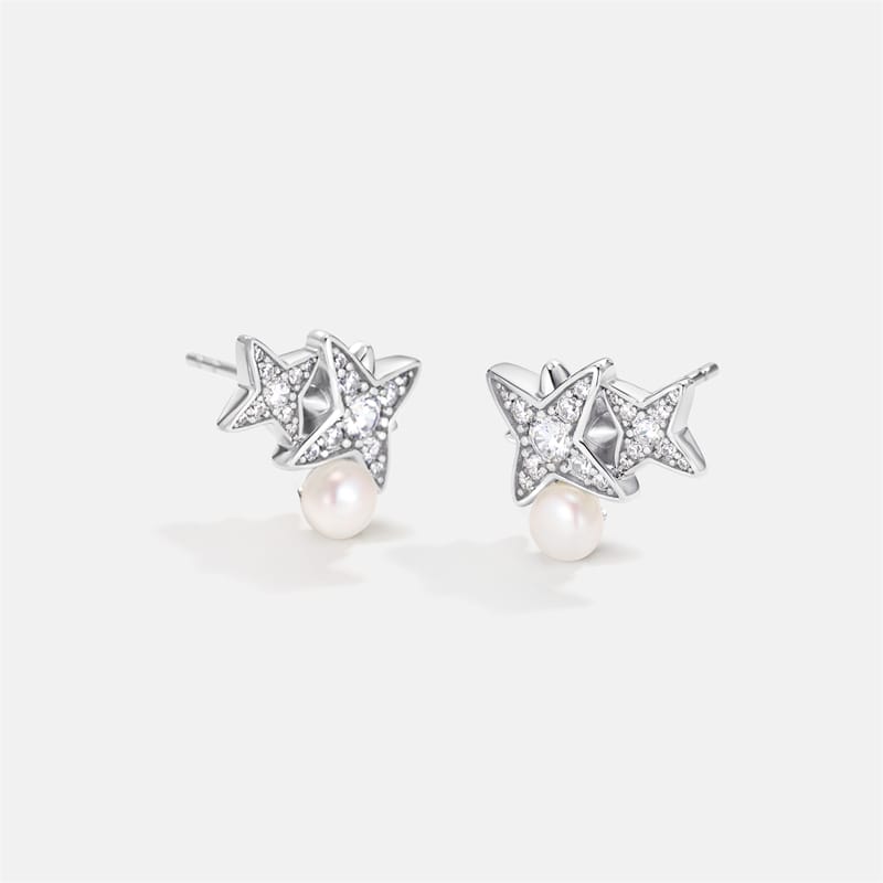 Celestial Double Star Pearl Stud Earrings AmberLollipop