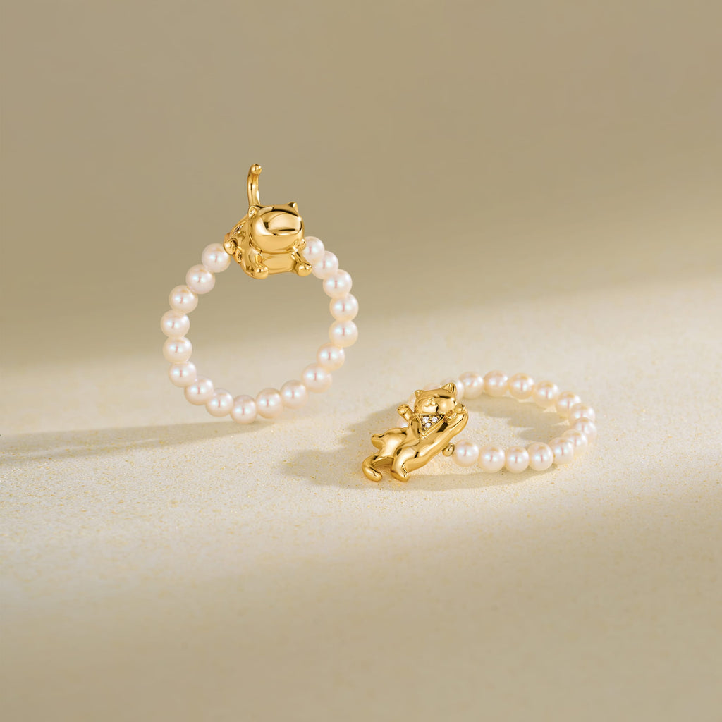 Dancing Cat Pearl Beaded Ring AmberLollipop