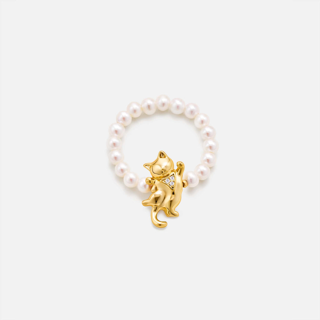 Dancing Cat Pearl Beaded Ring AmberLollipop