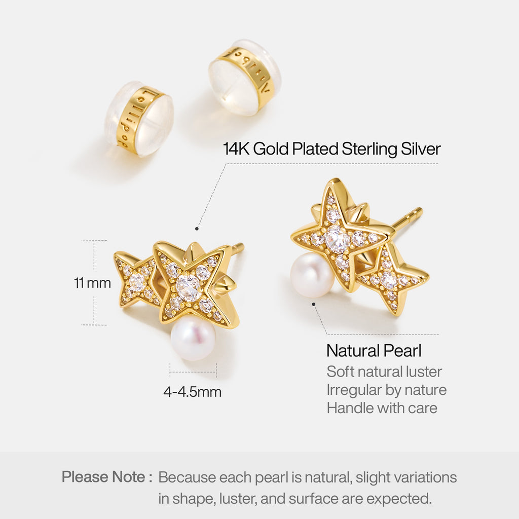 Celestial Double Star Pearl Stud Earrings