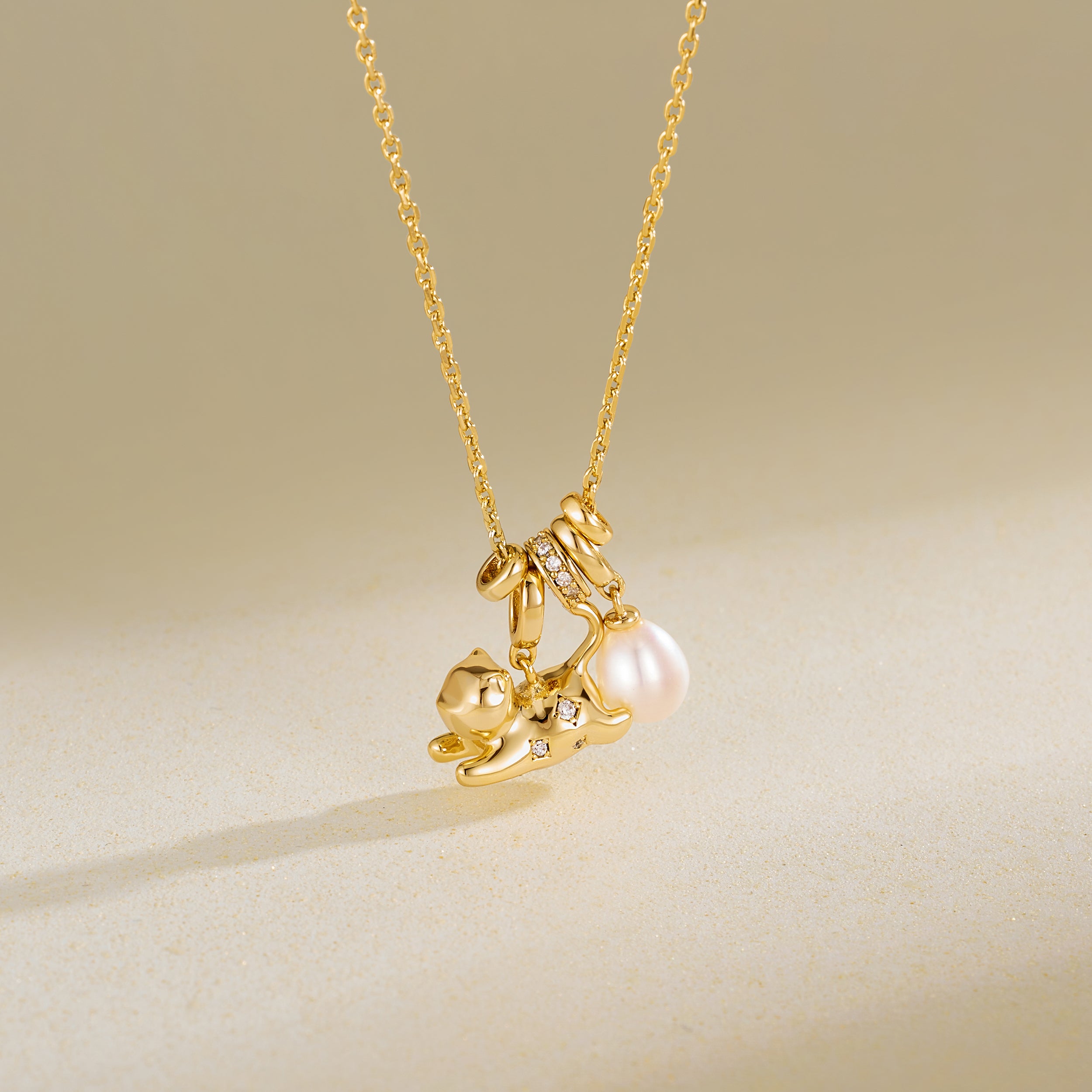 Playful Cat Pearl Necklace