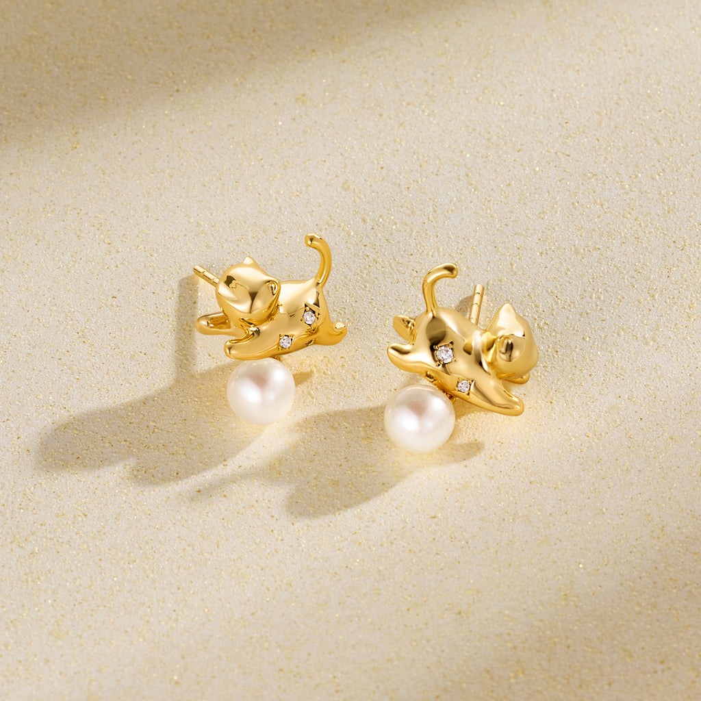 Playful Cat Pearl Earrings