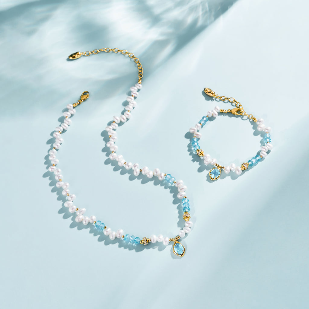 Raw Blue Topaz Pearl Necklace