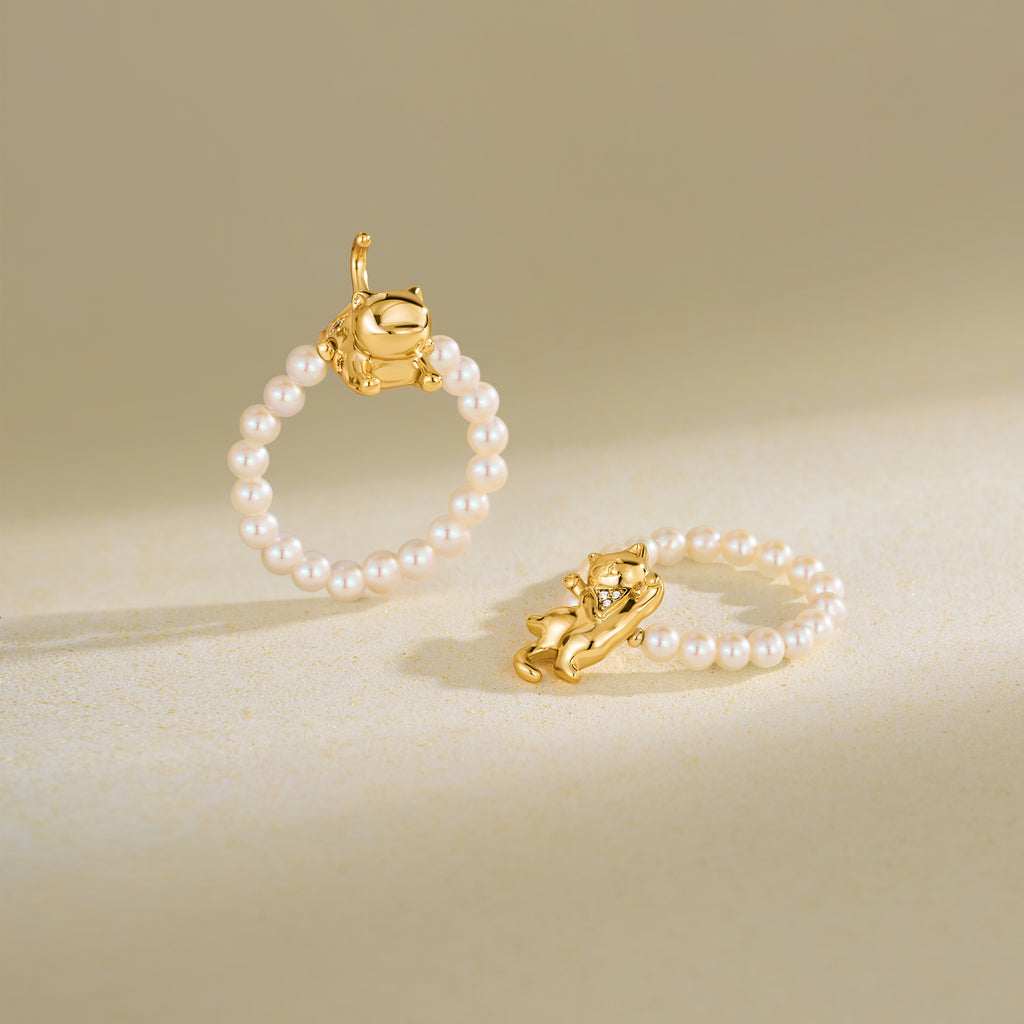 Playful Cat Pearl Beaded Ring