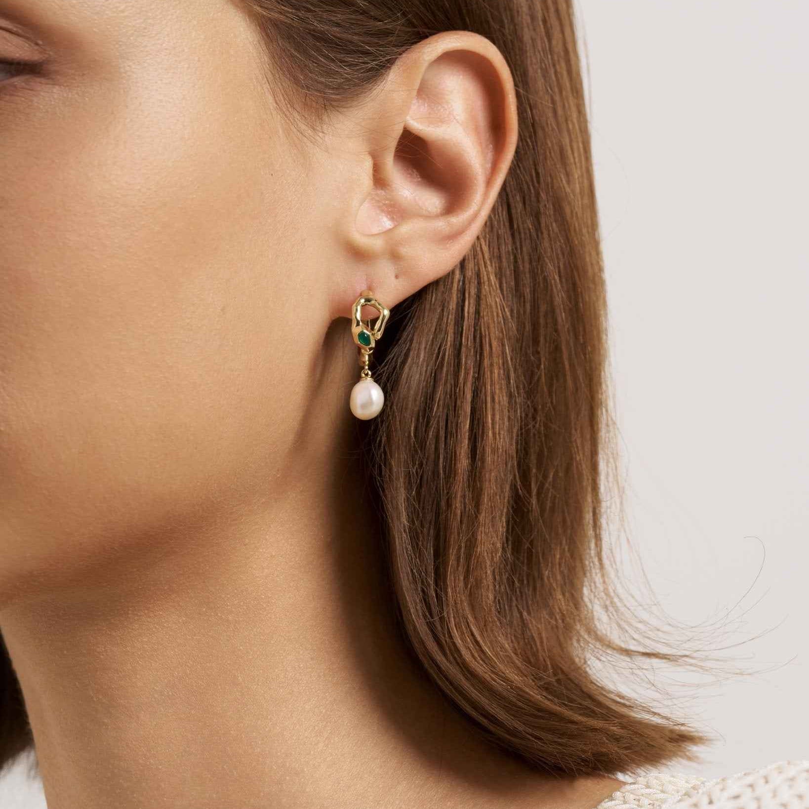 Green Agate Snake Earrings With Pearl Drop