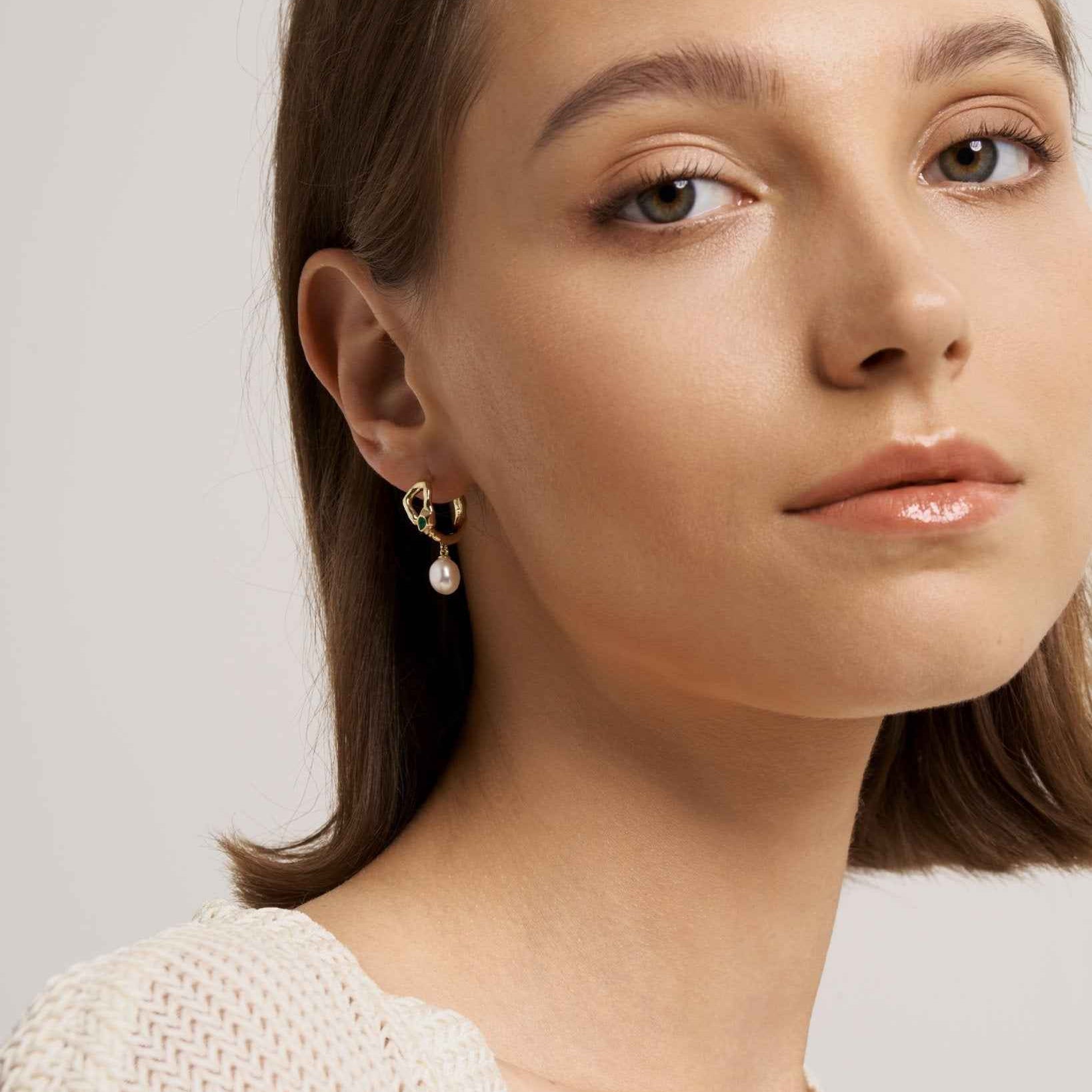 Green Agate Snake Earrings With Pearl Drop