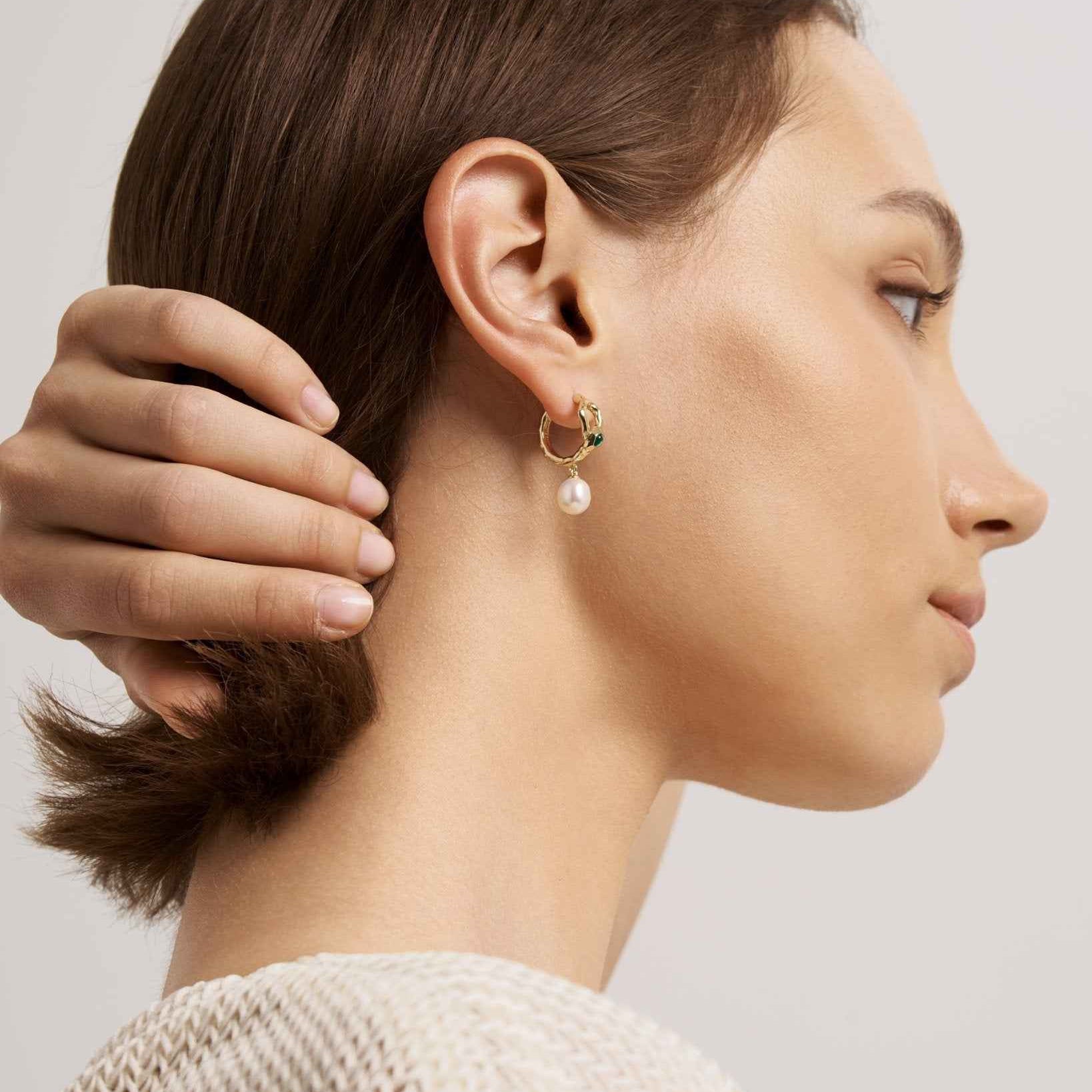 Green Agate Snake Earrings With Pearl Drop