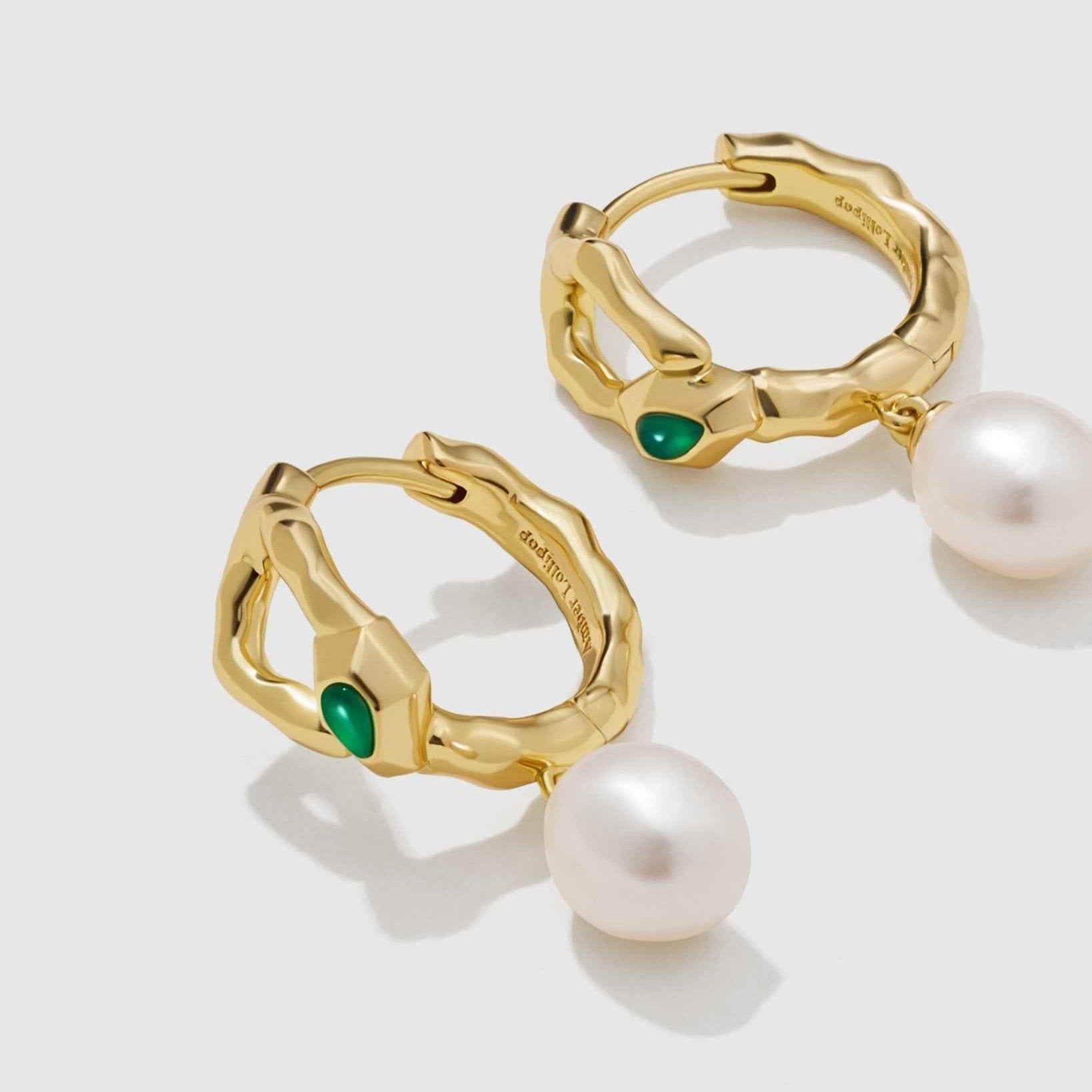 Green Agate Snake Earrings With Pearl Drop