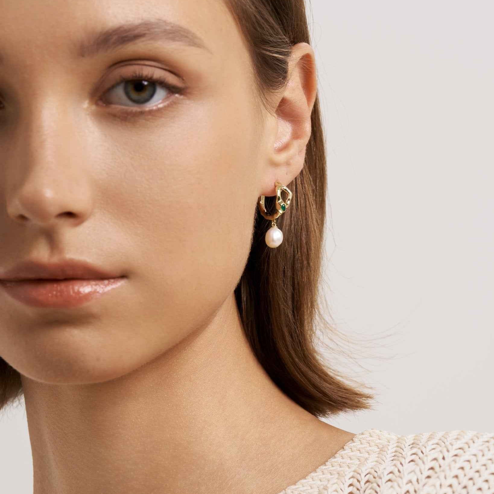 Green Agate Snake Earrings With Pearl Drop