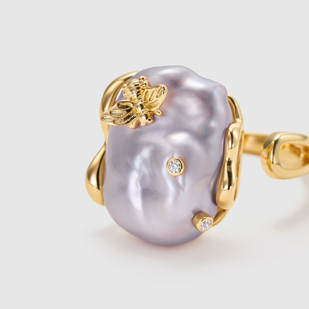 Lavender Baroque Pearl Bee Open Ring AmberLollipop