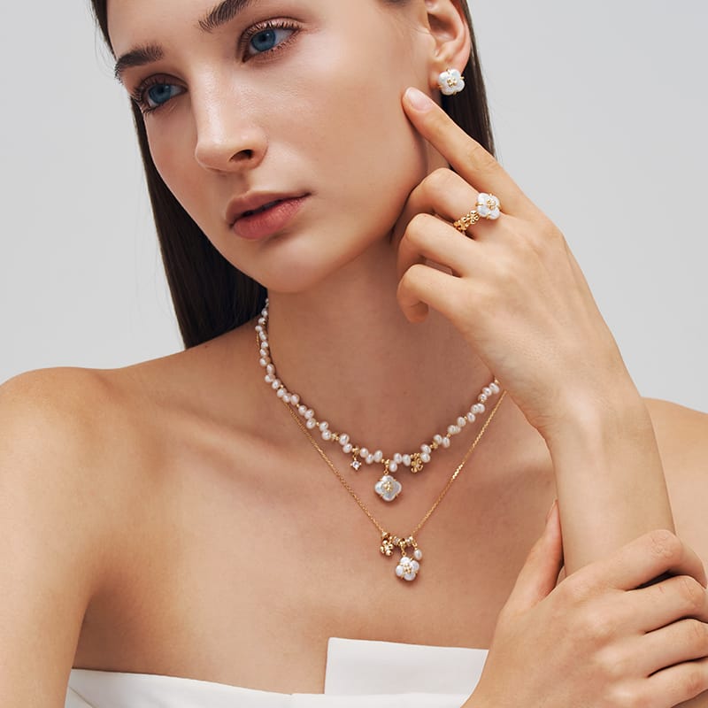 Lucky Clover Pearl Charm Necklace AmberLollipop