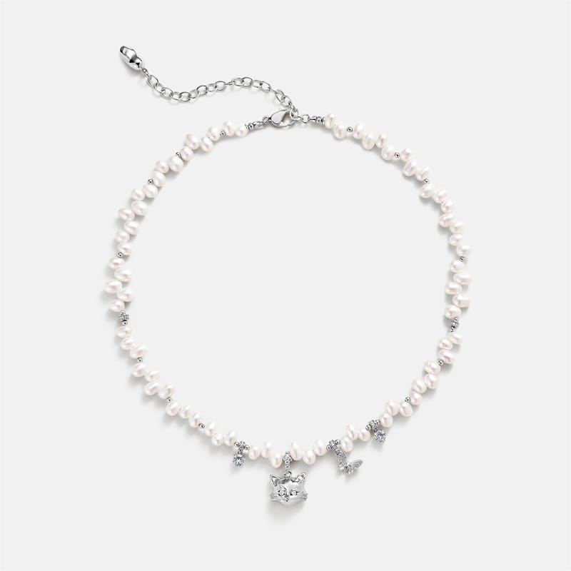 Personalized Cat Butterfly Pearl Necklace AmberLollipop