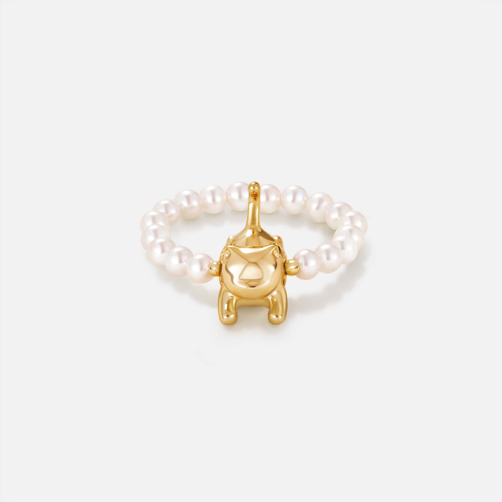 Playful Cat Pearl Beaded Ring AmberLollipop
