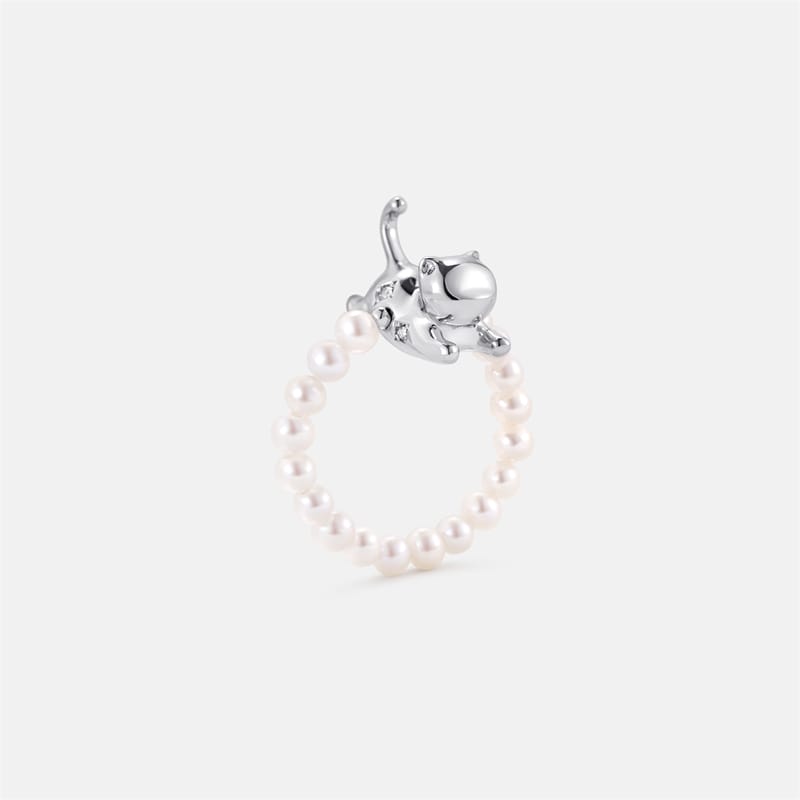 Playful Cat Pearl Beaded Ring AmberLollipop