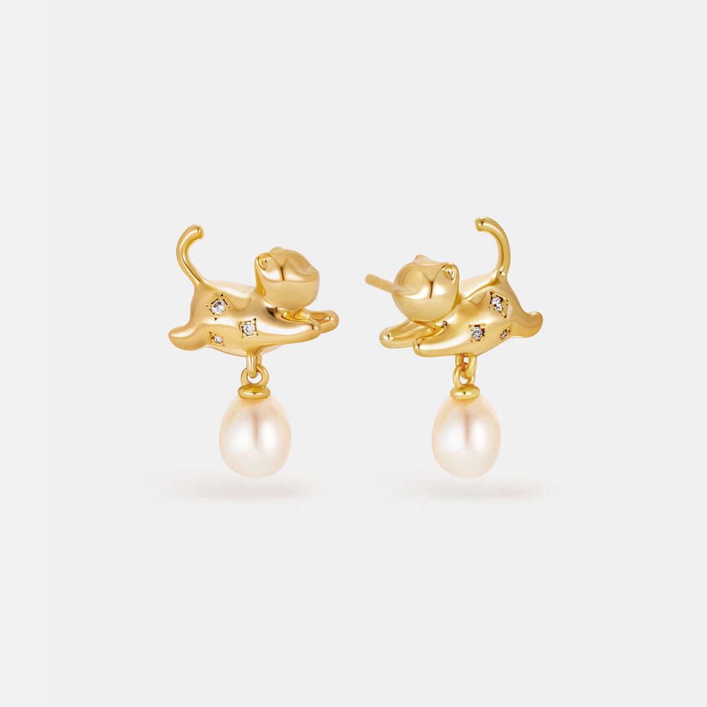Playful Cat Pearl Earrings AmberLollipop