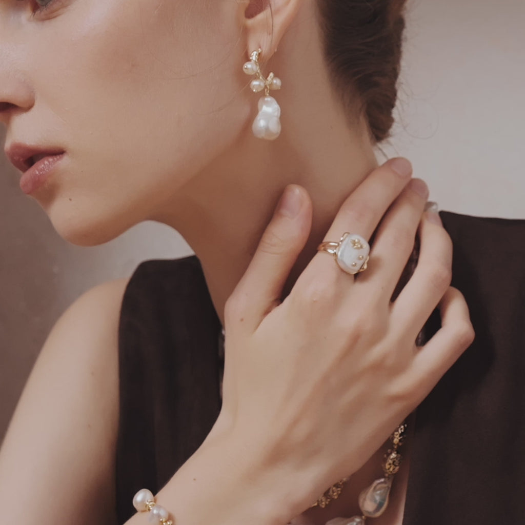 White Baroque Pearl Bee Open Ring